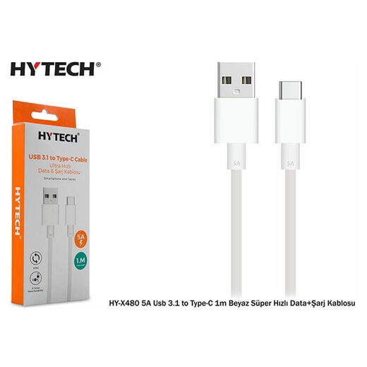 Hytech HY-X480 5A Usb 3.1 to Type-C 1m Beyaz Süper Hızlı Data+Şarj Kablosu