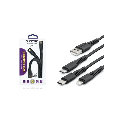 Subzero 3in 1 Hasır Kopmaz USB Data ve Şarj Kablo - Micro - Type-C - Iphone - 3.4A 1m - CL86